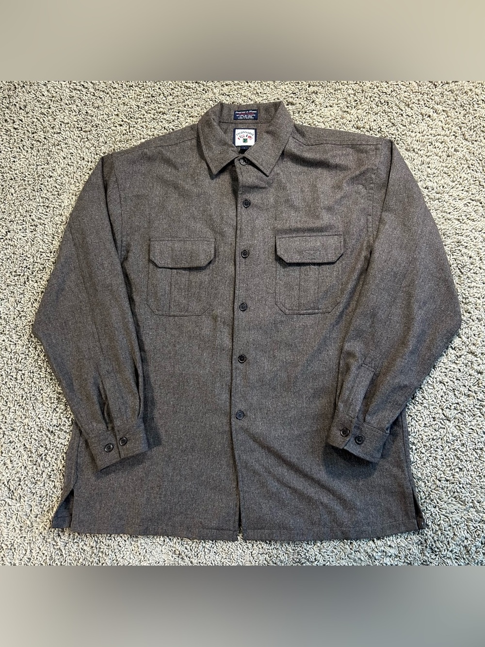 Vintage Faconnable Flannel Men Large Brown Wool Blend Front Pocket France Design